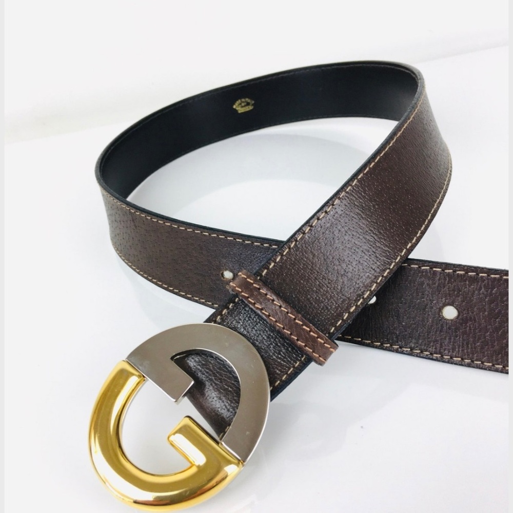 Vintage 1990s GUCCI GG Gold & Silver Buckle Brown Leather Belt